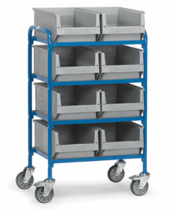 fetra® Beistellwagen mit 4 Böden aus Holz und 8 Sichtlagerkästen, 630 x 470mm Nutzfläche