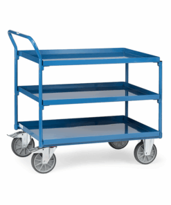fetra® Tischwagen mit Stahlblechwannen, 400kg Tragkraft, 3 Böden, Griff hochstehend