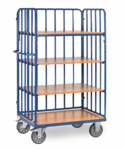 fetra® Etagenwagen mit Rohrstreben, 600kg Tragkraft, 4 Etagen, 1800mm Hoch, 1 Längswand