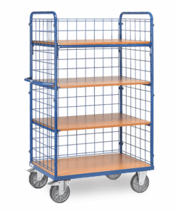 fetra® Etagenwagen mit Drahtgitter, 600kg Tragkraft, 4 Etagen, 1800mm Hoch, 1 Längswand